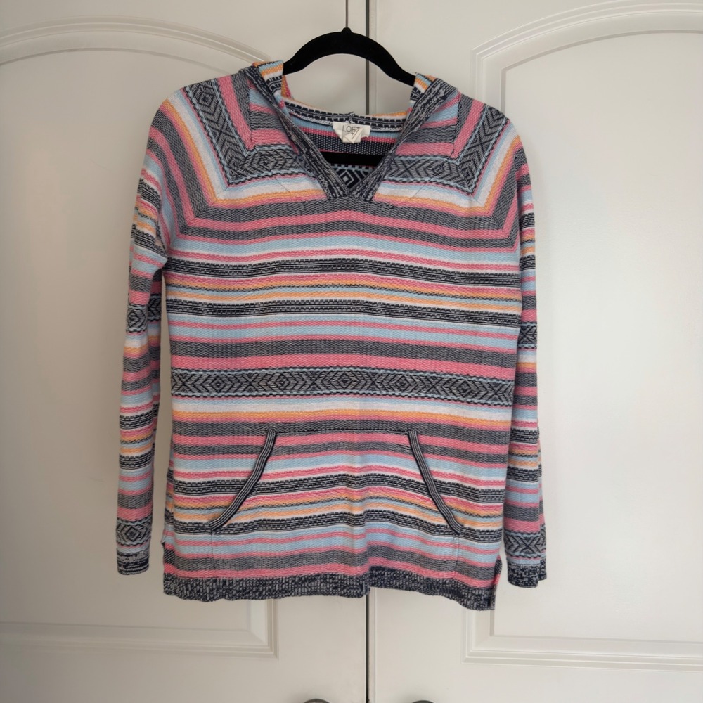 Loft Outlet Lounge Womens XS Striped Knit Hoodie Sweater Pink Blue Geometric